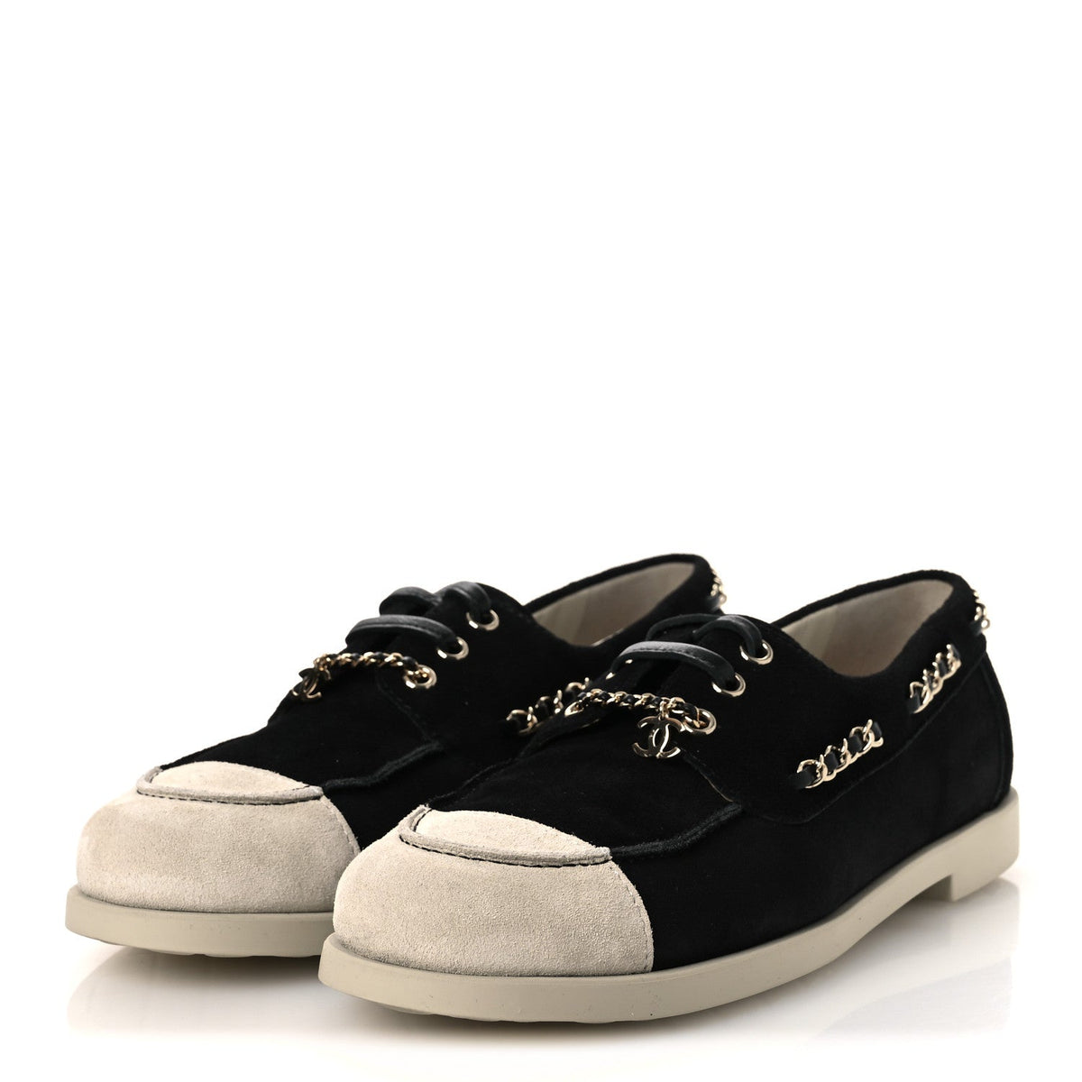 Suede Calfskin CC Chain Loafers 38.5 Black Light Gray