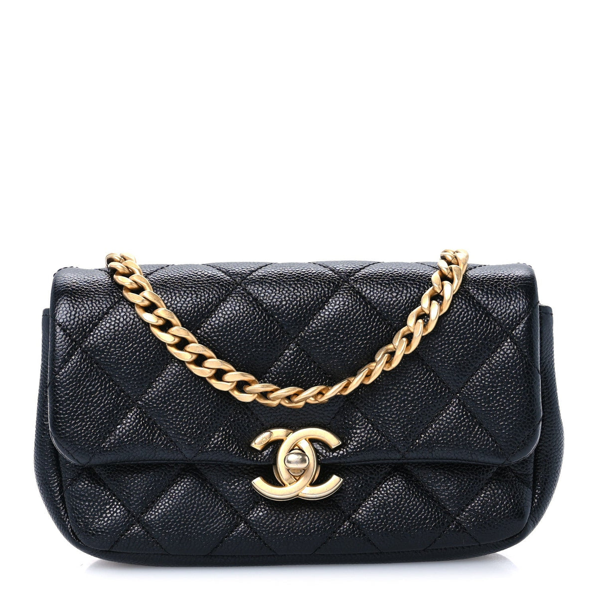 Shiny Caviar Quilted Chain Melody Waist Belt Bag Black
