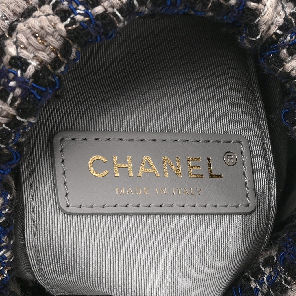 Calfskin Tweed Small CC Chain Bucket Drawstring Bag Navy Multicolor