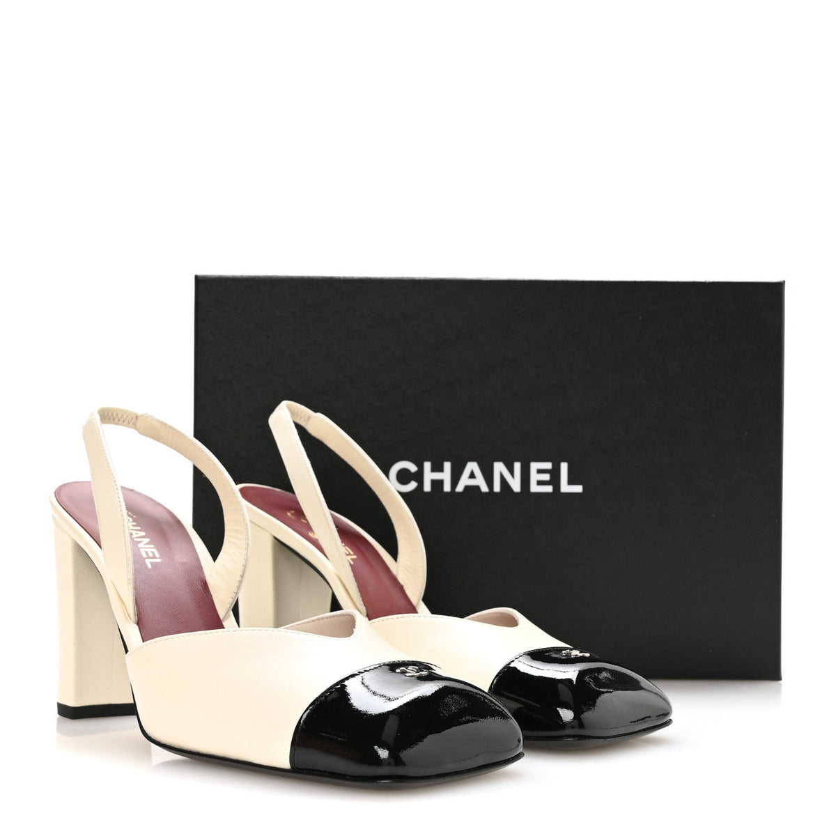 Lambskin Patent Calfskin Cap Toe CC Slingback Pumps 38.5 Ivory Black