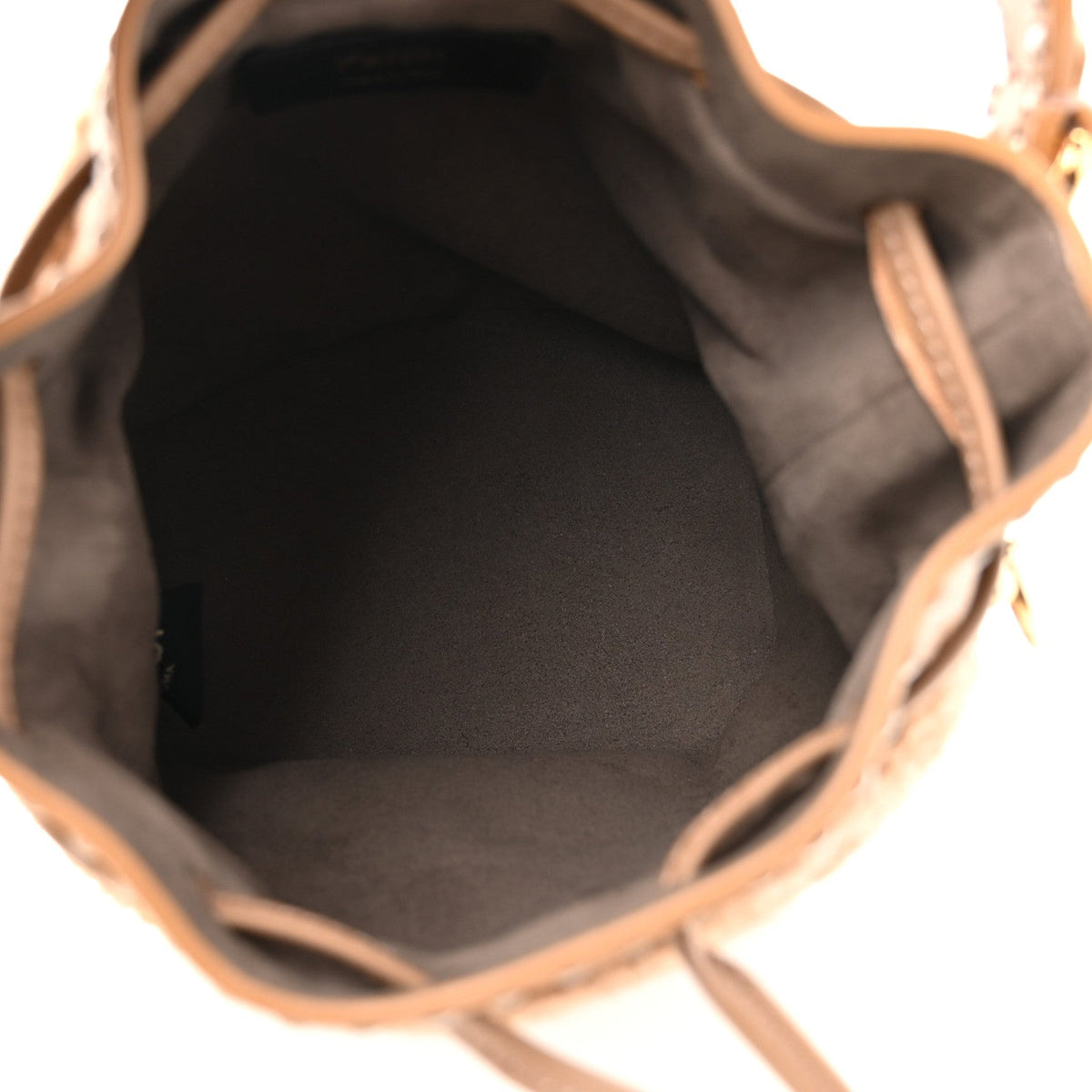Shearling F is Fendi Macro FF 1974 Diagonal Mini Mon Tresor Bucket Bag Grace Camel