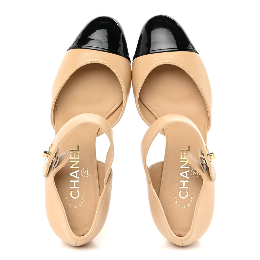 Lambskin Patent Cap Toe Mary Jane Wedge Pumps 37.5 Beige Black