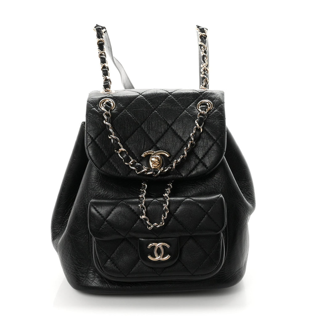 Glazed Aged Calfskin Quilted Small Duma Drawstring Backpack Black