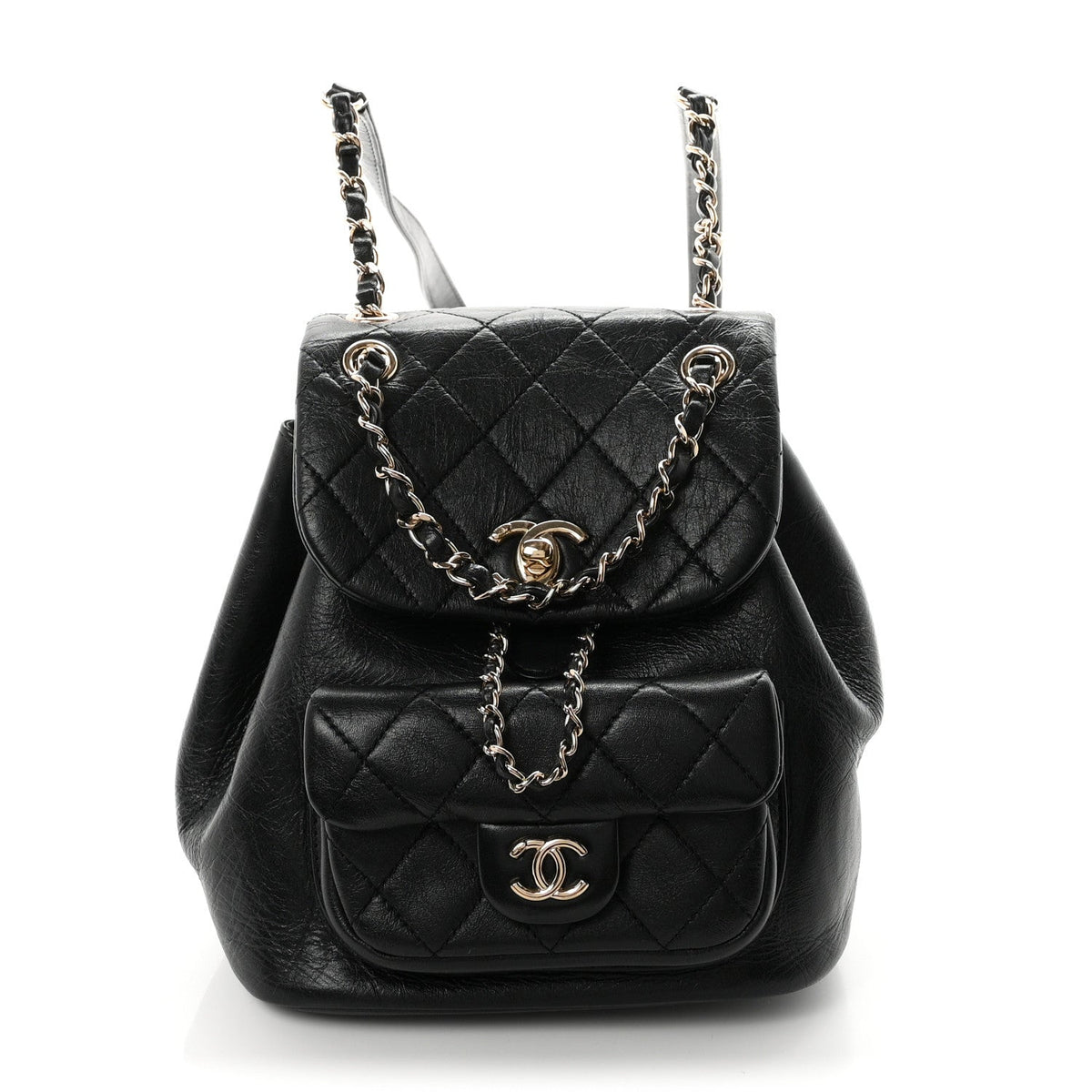 Glazed Aged Calfskin Quilted Small Duma Drawstring Backpack Black