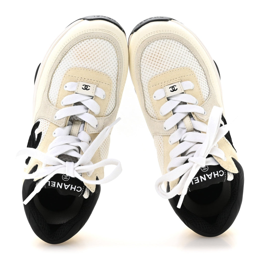 Mesh Suede Calfskin Grained Calfskin Womens CC Sneakers 36 White Black