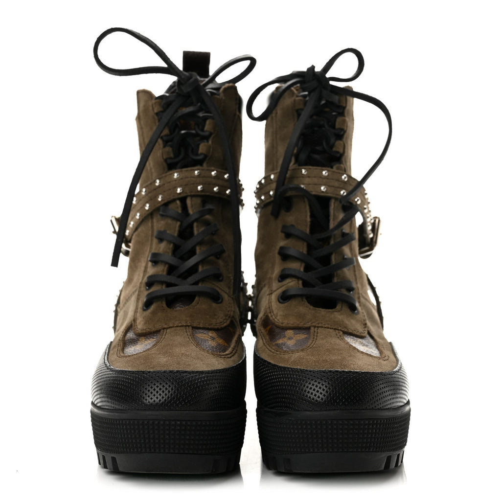 Suede Calfskin Monogram Laureate Platform Desert Boots 38 Kaki
