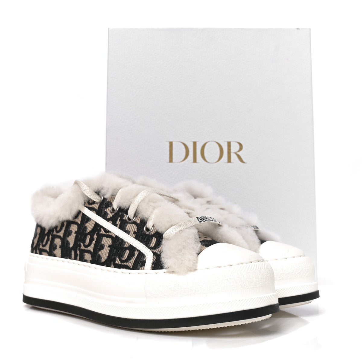 Canvas Oblique Shearling Walk'N'Dior Platform Sneakers  38.5 Deep Blue
