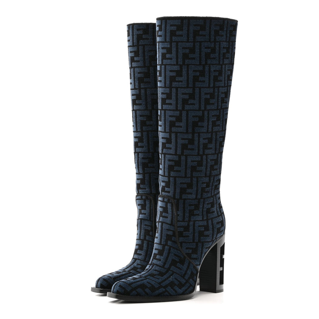Chenille Jacquard FF 110mm Knee Boots 39 Black Blue