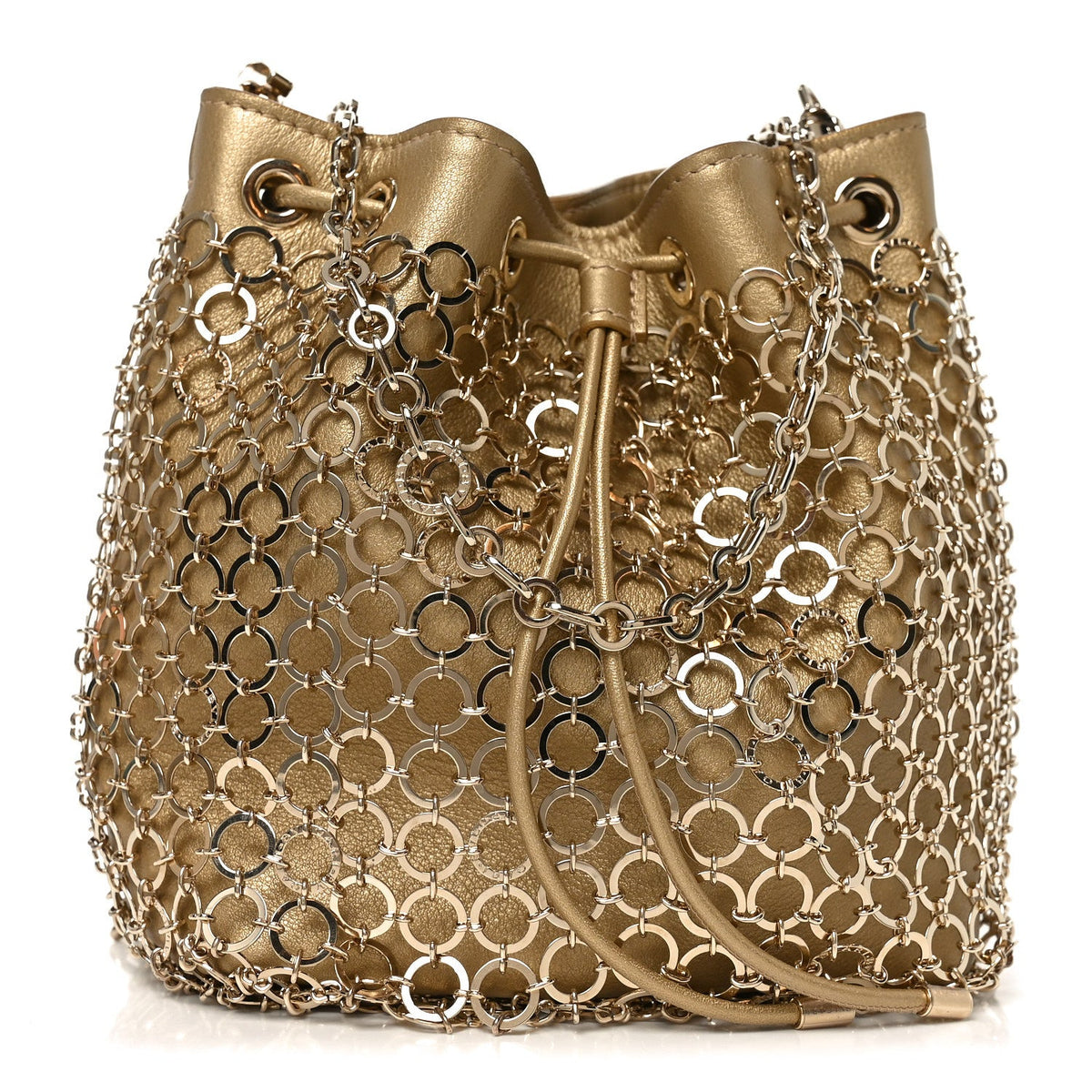 Metallic Calfskin Mesh Long Chain Bucket Bag Gold