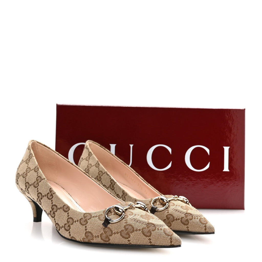 Canvas GG Monogram Horsebit Slingback Pumps 37.5 Beige Ebony Cocoa