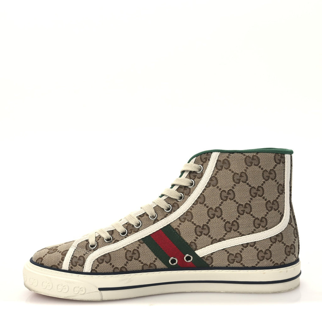 GG Monogram Web Mens 1977 Tennis High Top Sneakers 9 Beige Ebony Mystic White