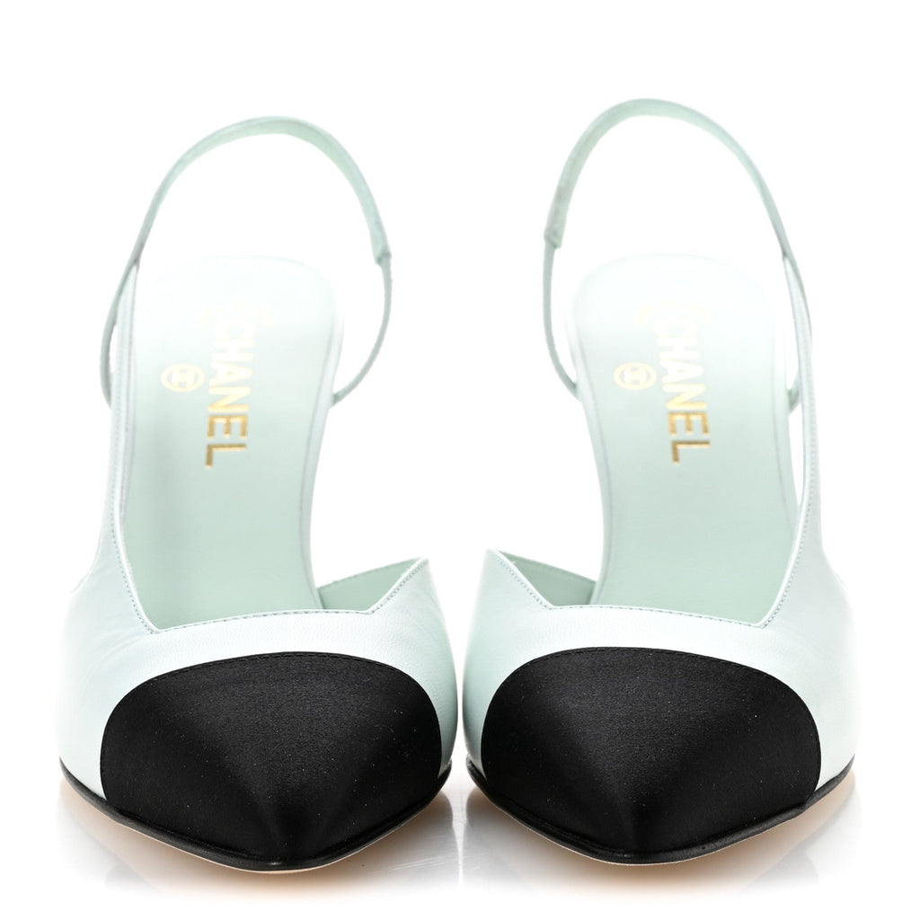 Goatskin Mixed Fibers Cap Toe Slingback Pumps 40 Light Green Black