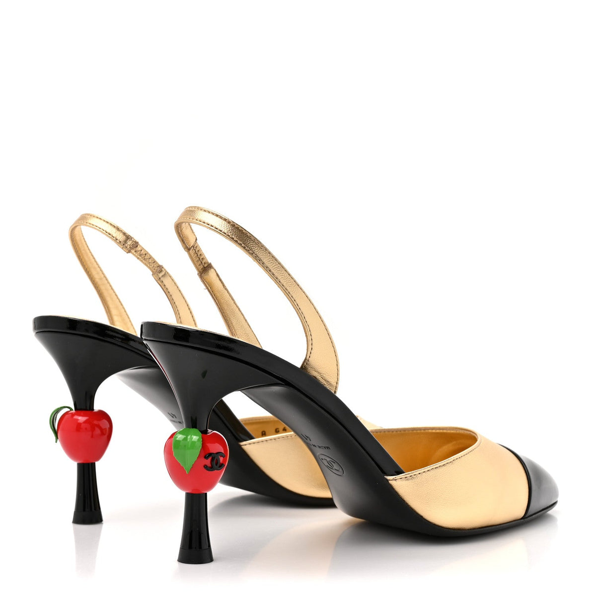 Lambskin Patent Cap Toe CC Apple Slingback Pumps 41 Gold Black