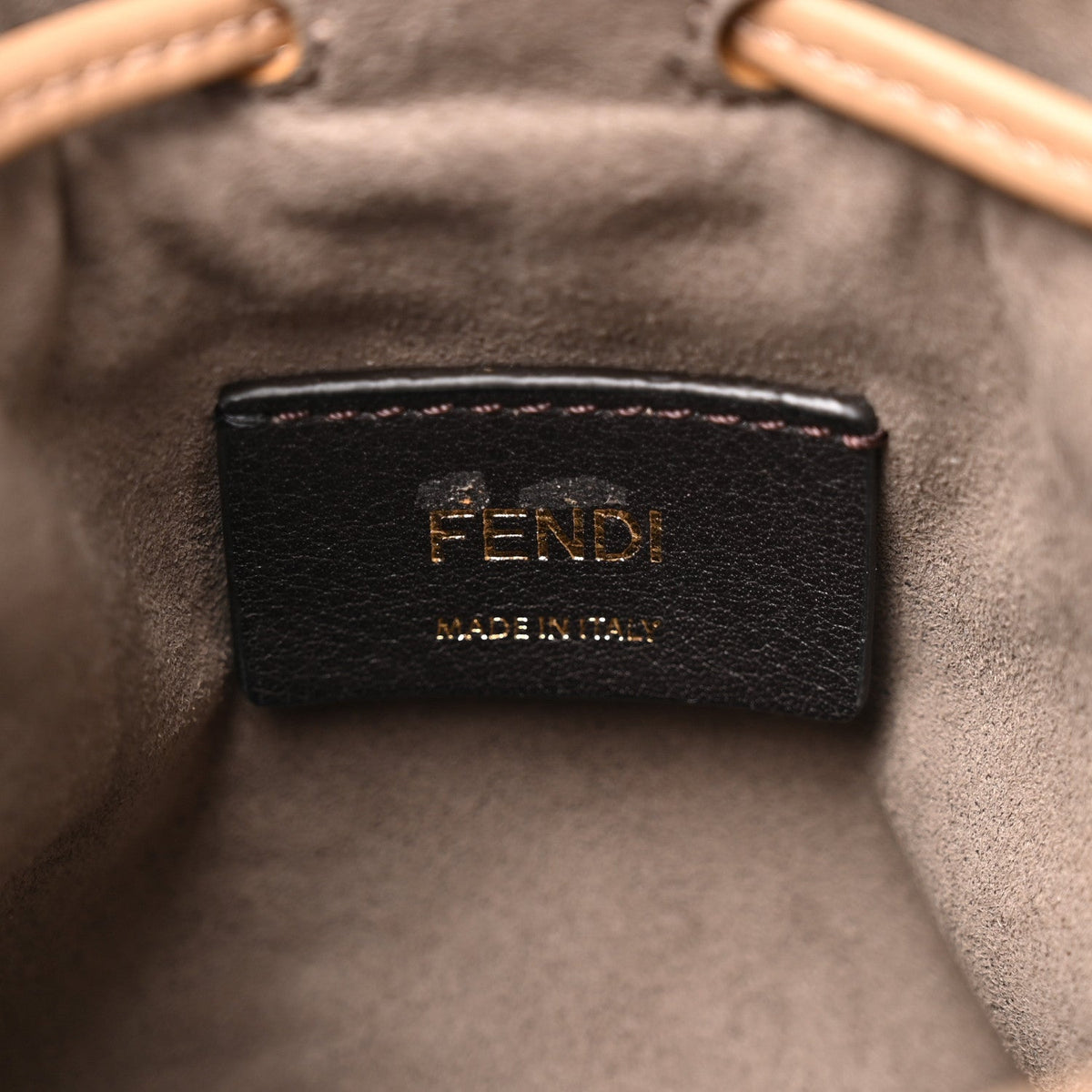 Shearling F is Fendi Macro FF 1974 Diagonal Mini Mon Tresor Bucket Bag Grace Camel