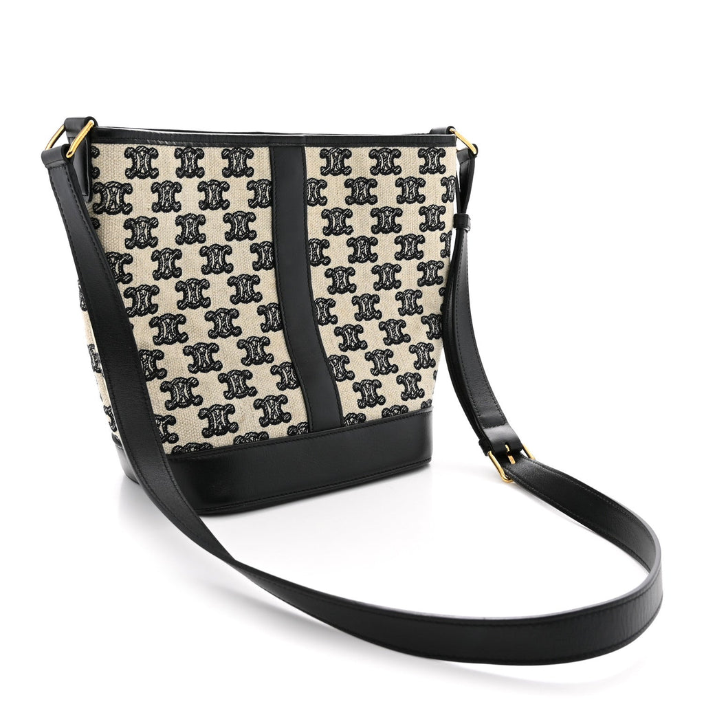 Canvas Calfskin Triomphe Embroidered Small Bucket Bag Black