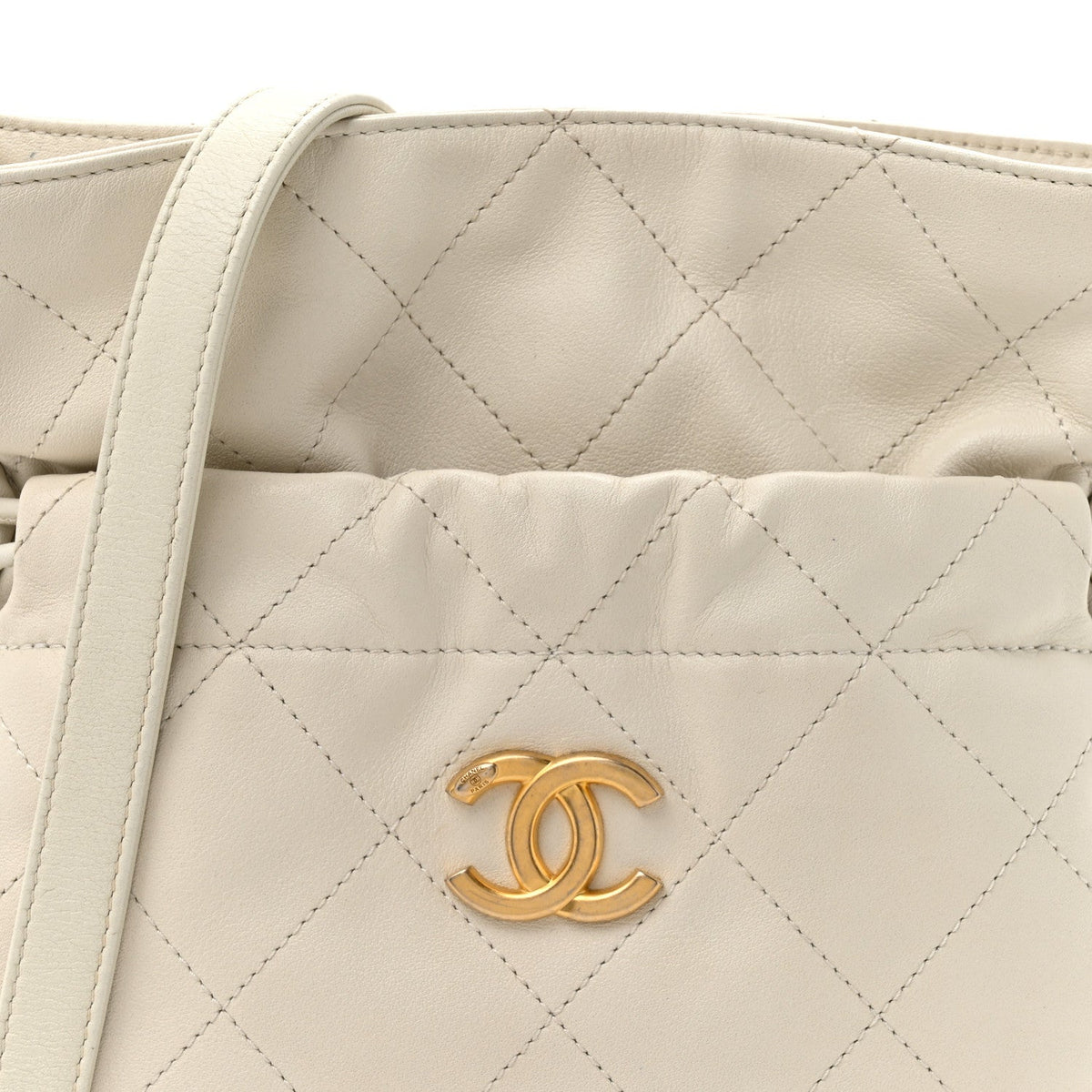 Calfskin Quilted Drawstring Bucket Bag White