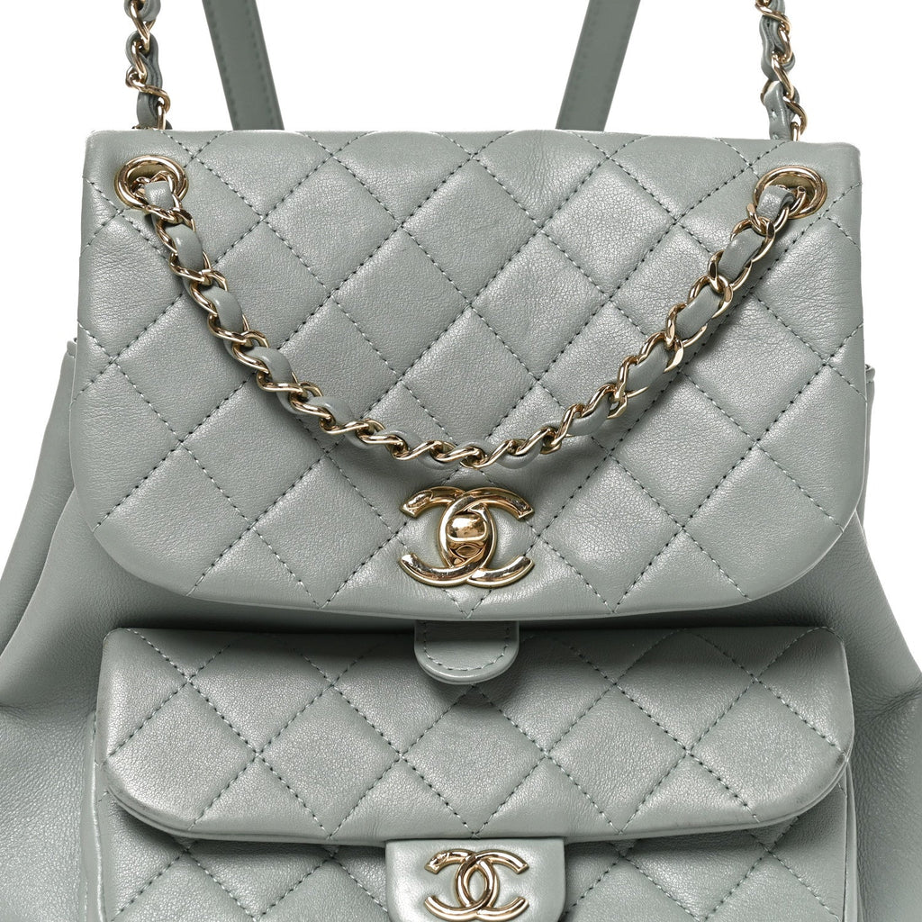 Lambskin Quilted Large Duma Drawstring Backpack Grey