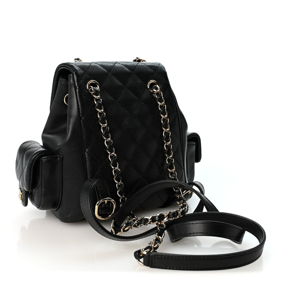 Shiny Caviar Quilted Small Pockets Drawstring Backpack Black