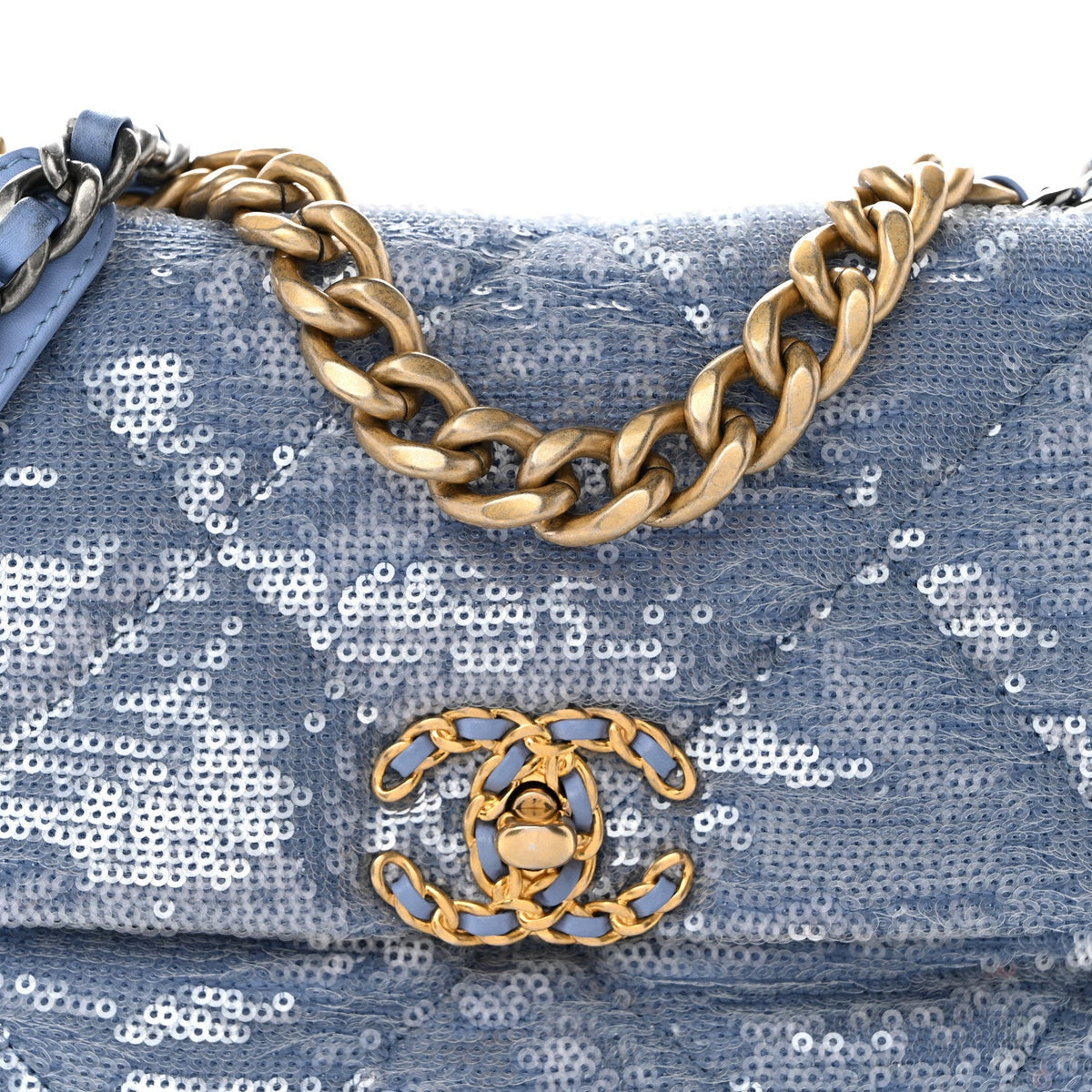 Sequin Quilted Medium Chanel 19 Flap Light Blue