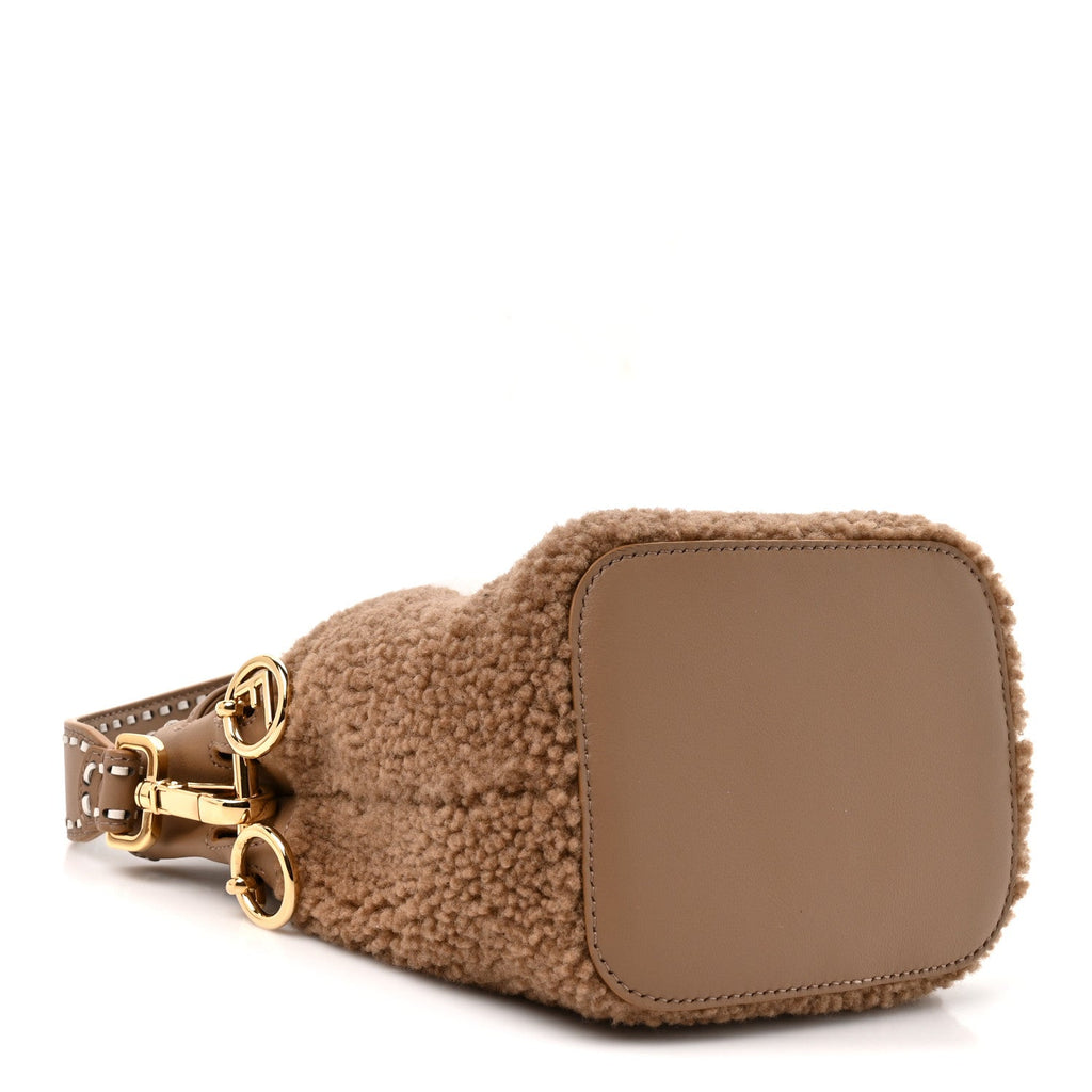 Shearling F is Fendi Macro FF 1974 Diagonal Mini Mon Tresor Bucket Bag Grace Camel