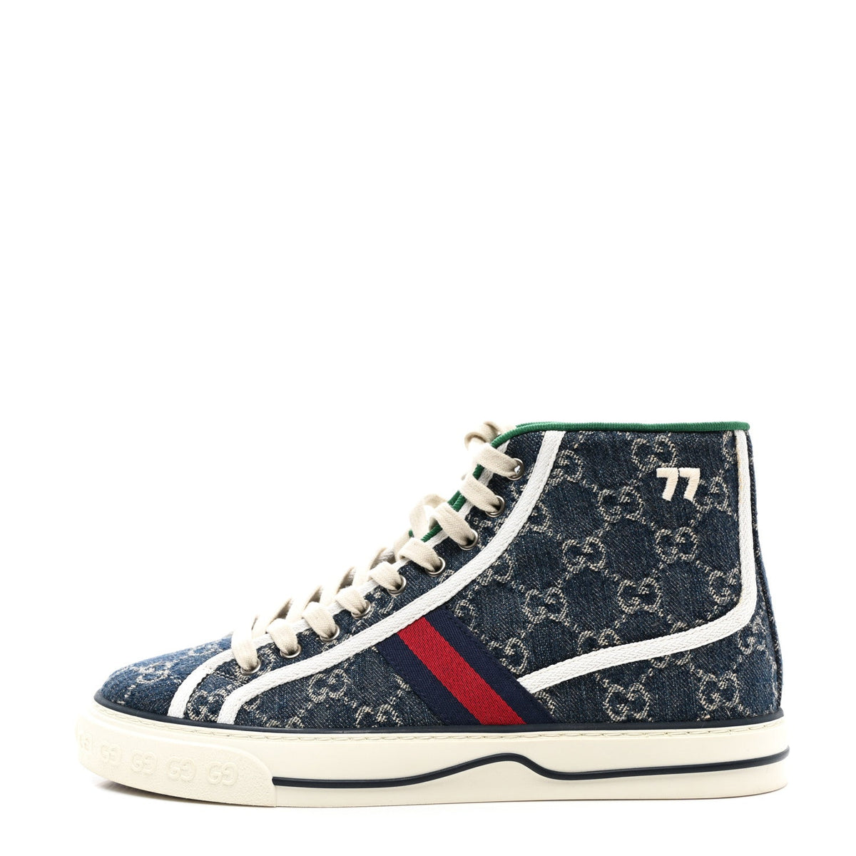 New Denim GG Monogram Web Mens 1977 Tennis High Top Sneakers 7.5 Blue Tea Mystic White