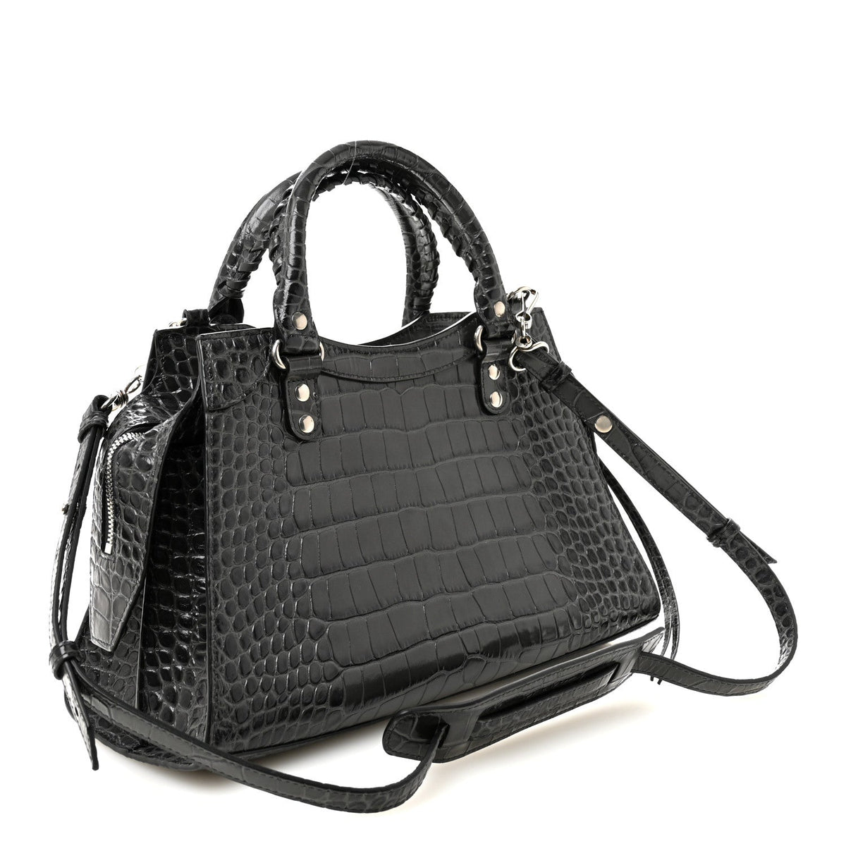 Shiny Supple Calfskin Crocodile Embossed Neo Classic Silver Hardware S City Dark Grey