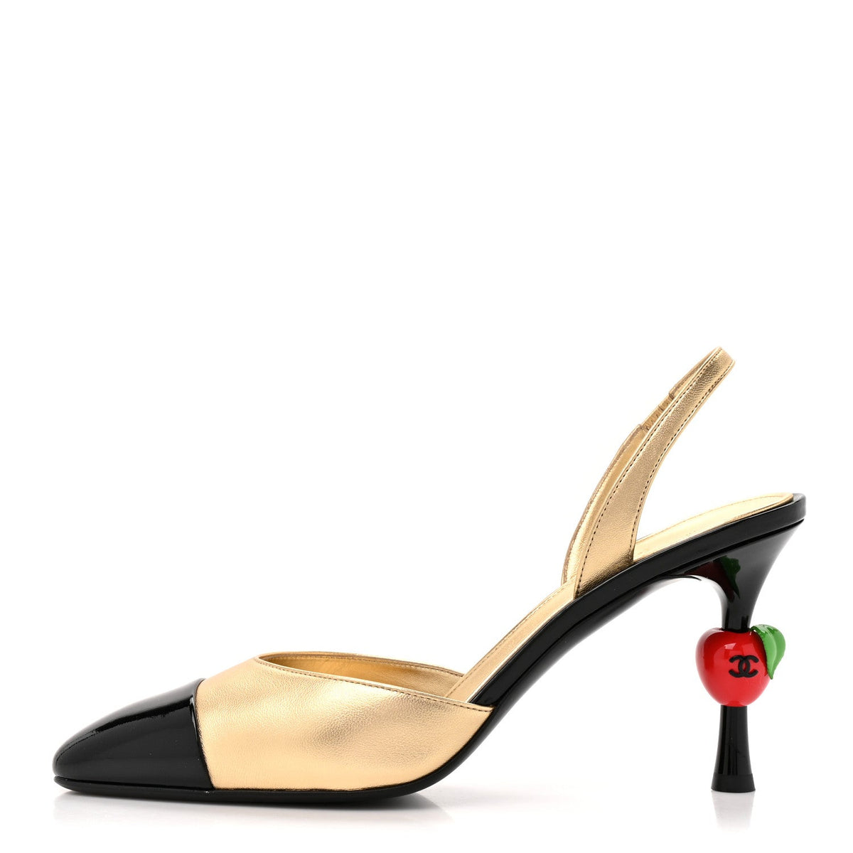 Lambskin Patent Cap Toe CC Apple Slingback Pumps 41 Gold Black