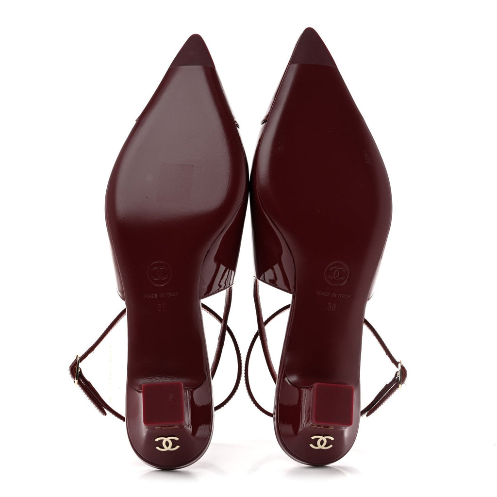 Patent Calfskin Cap Toe CC Slingback Pumps 38 Dark Burgundy
