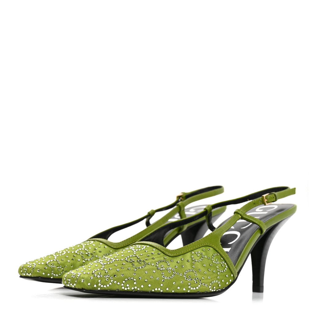 Moire Fabric Malaga Kid Crystal GG Monogram Square G 75mm Slingback Pumps 37 Lemon Leaf