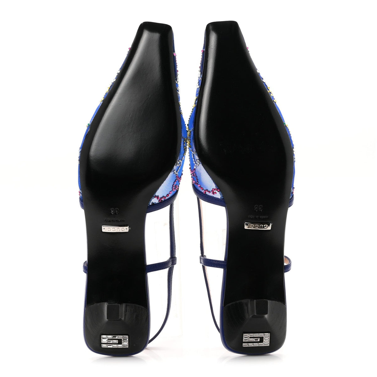 Tela Retino Nappa Charlotte Crystal GG Monogram Square G 35mm Slingback Pumps 38 Splash Net Blue Witch