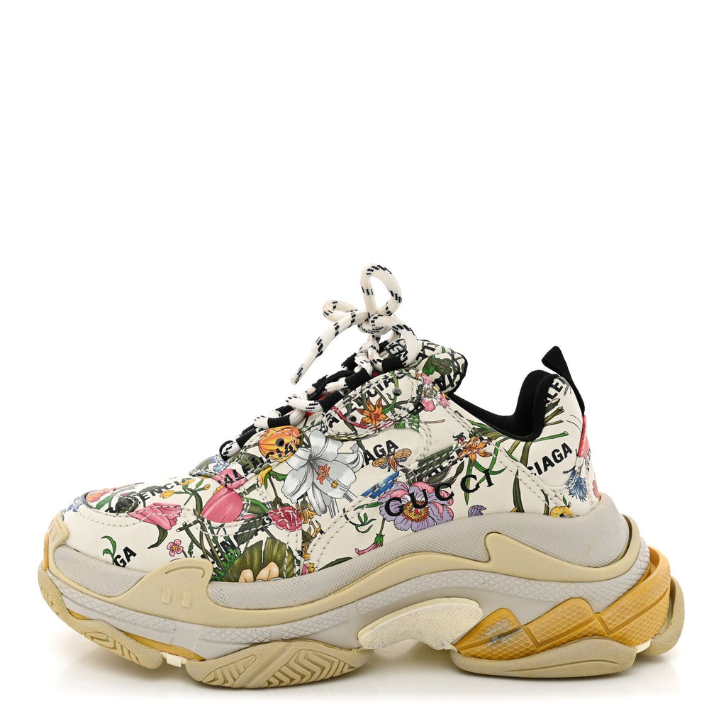 X GUCCI Fabric Allover Logo Flora Print Womens Triple S Sneakers 37 Multicolor White