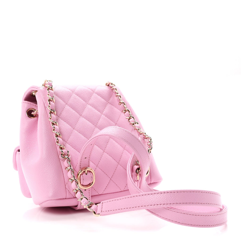 Shiny Caviar Quilted Small Duma Pockets Drawstring Backpack Lilac