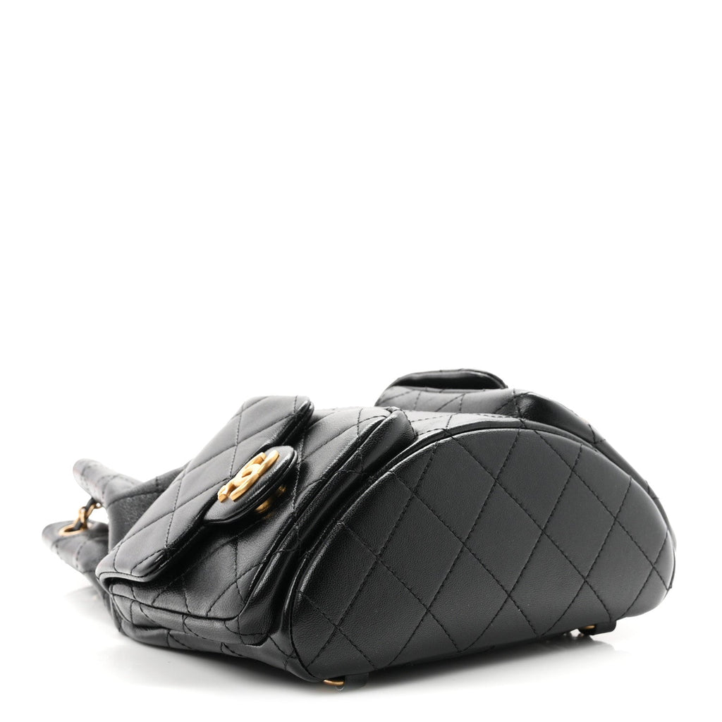Shiny Lambskin Quilted Double Pocket Backpack Black