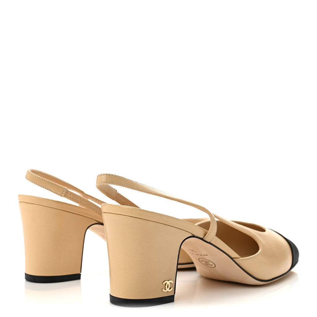Goatskin Grosgrain Cap Toe CC Slingback Pumps 39 Beige Black