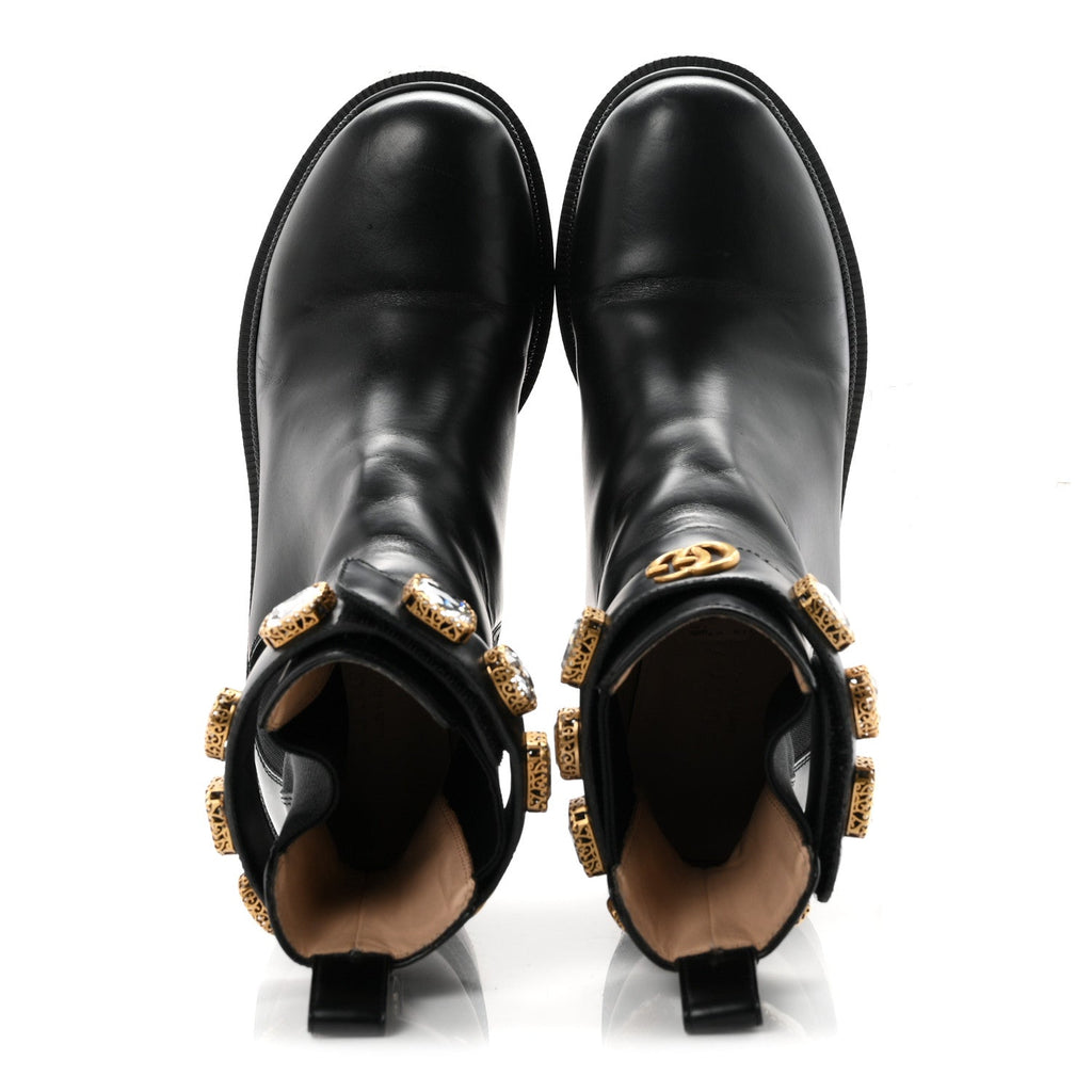 Calfskin Crystal GG Trip Chelsea Ankle Boots 36.5 Black