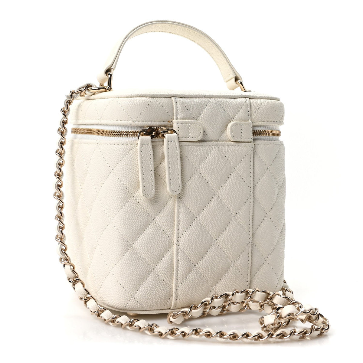 Caviar Quilted Small Top Handle Vanity Case With Chain White