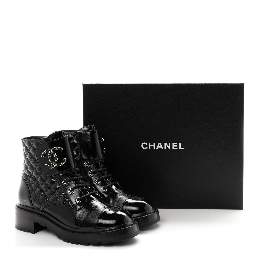 Shiny Calfskin Quilted Lace Up Combat Boots 40.5 Black