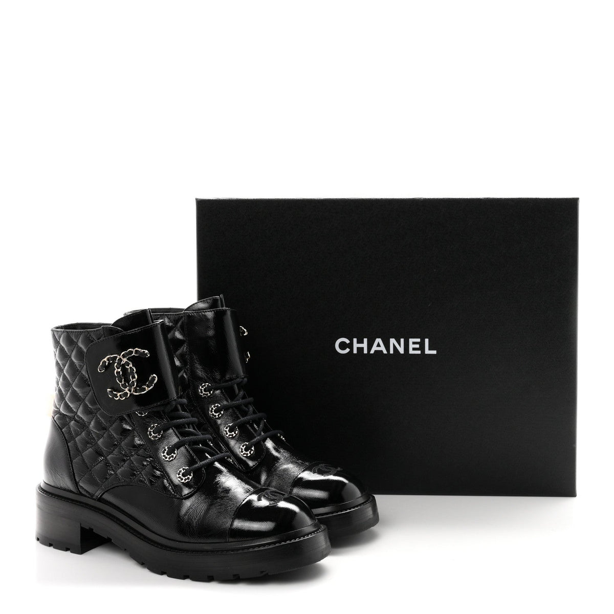 Shiny Calfskin Quilted Lace Up Combat Boots 40.5 Black