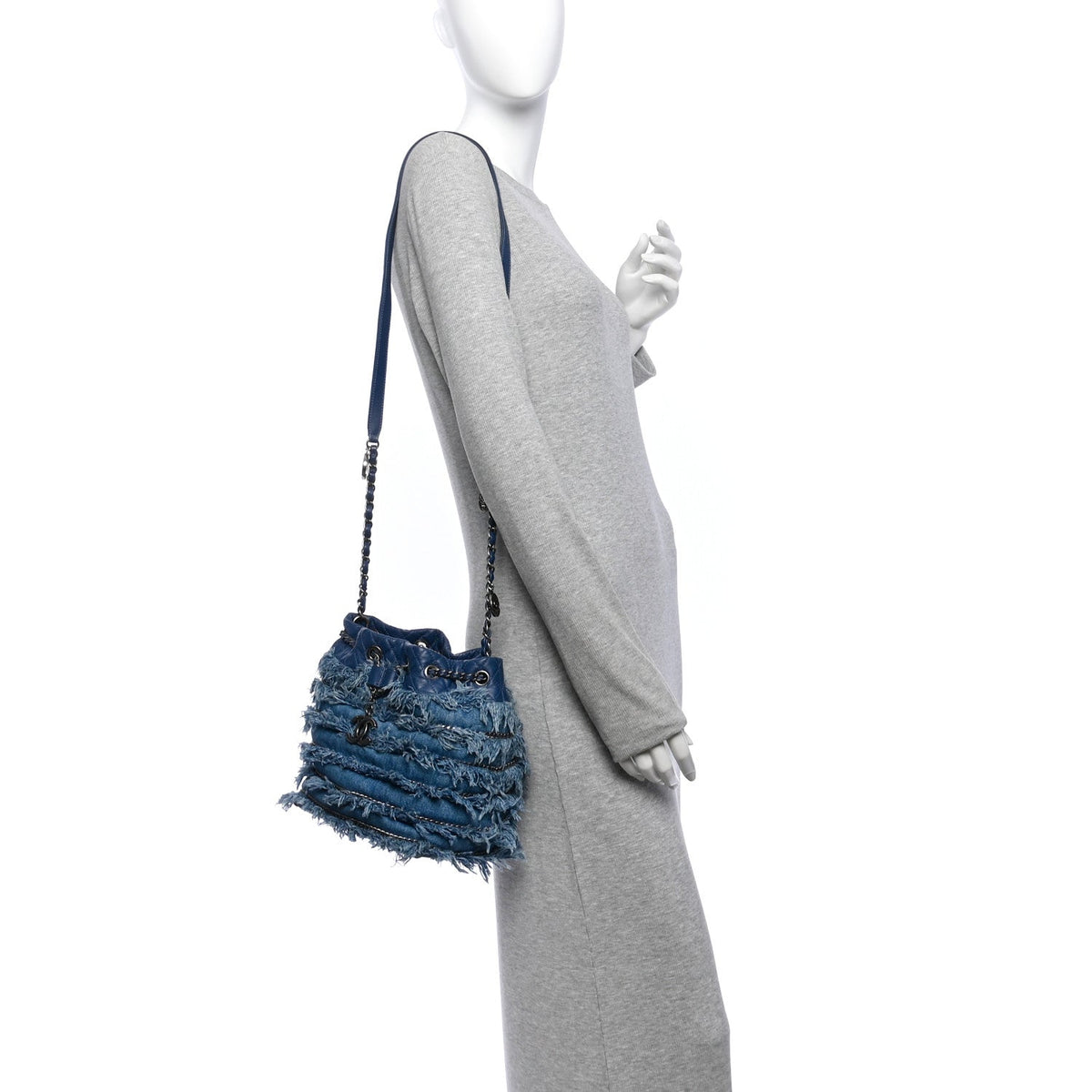 Calfskin Denim Fringe Chains CC Drawstring Bucket Bag Blue