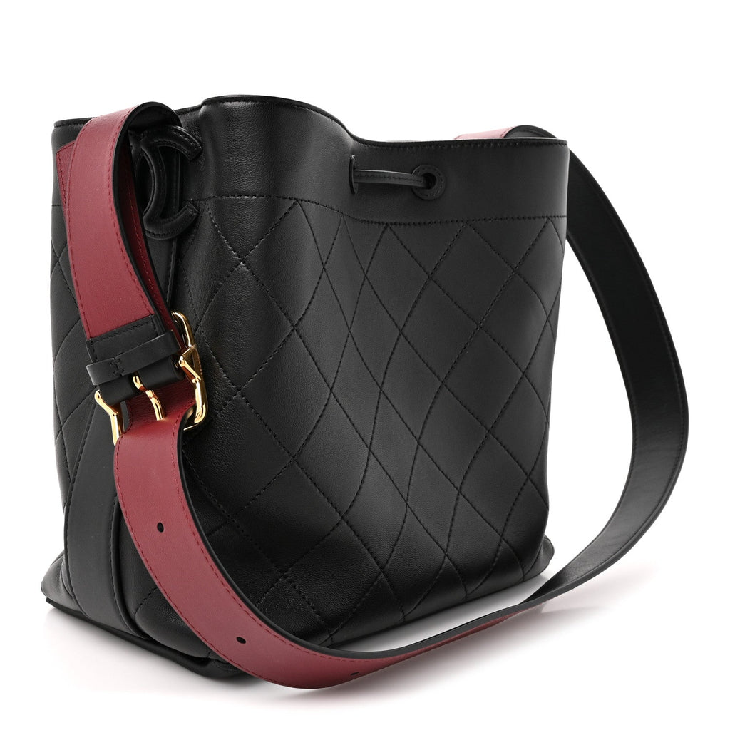 Calfskin Quilted Medium Bucket Bag Black