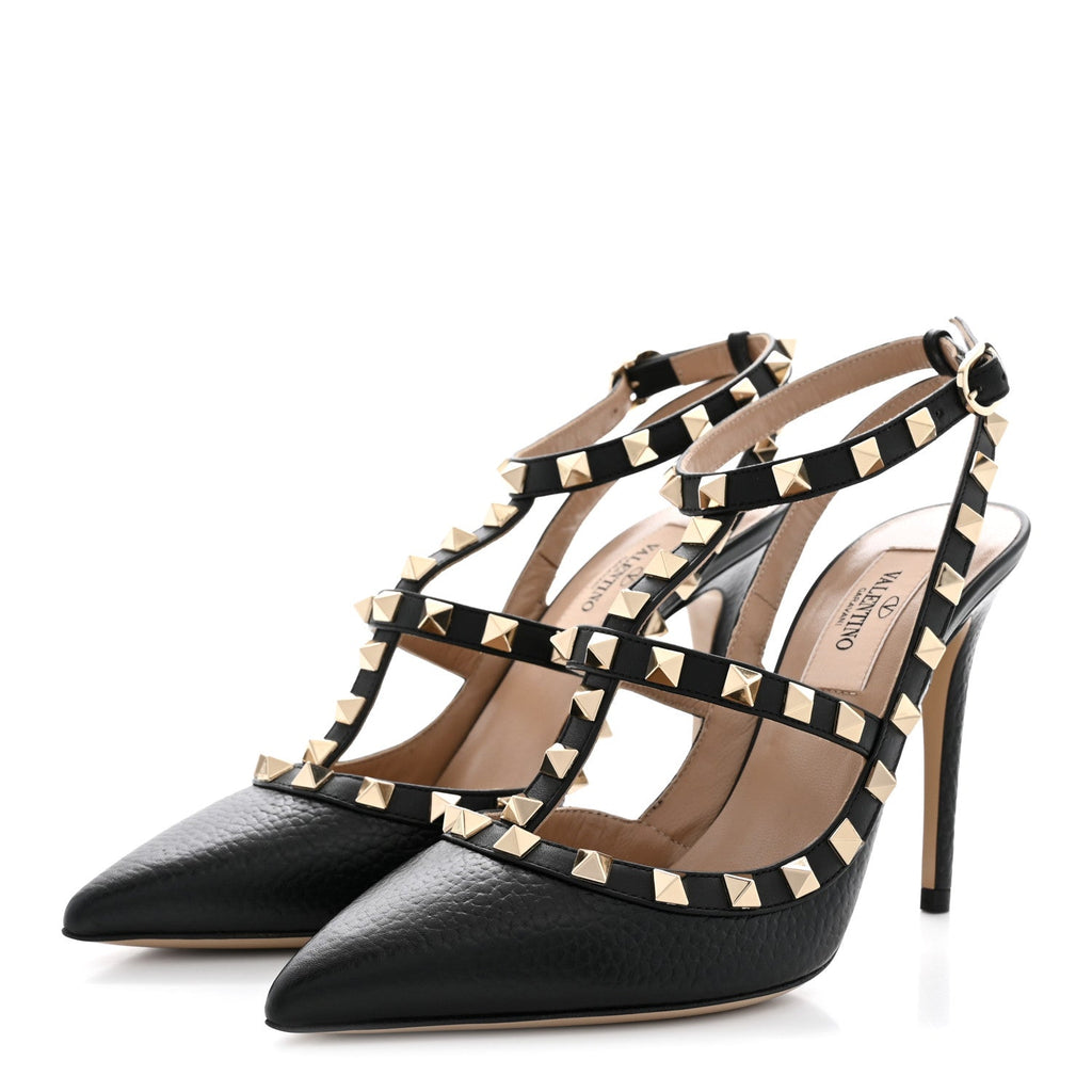 Pebbled Calfskin Rockstud Ankle Strap 100mm Pumps 36 Black