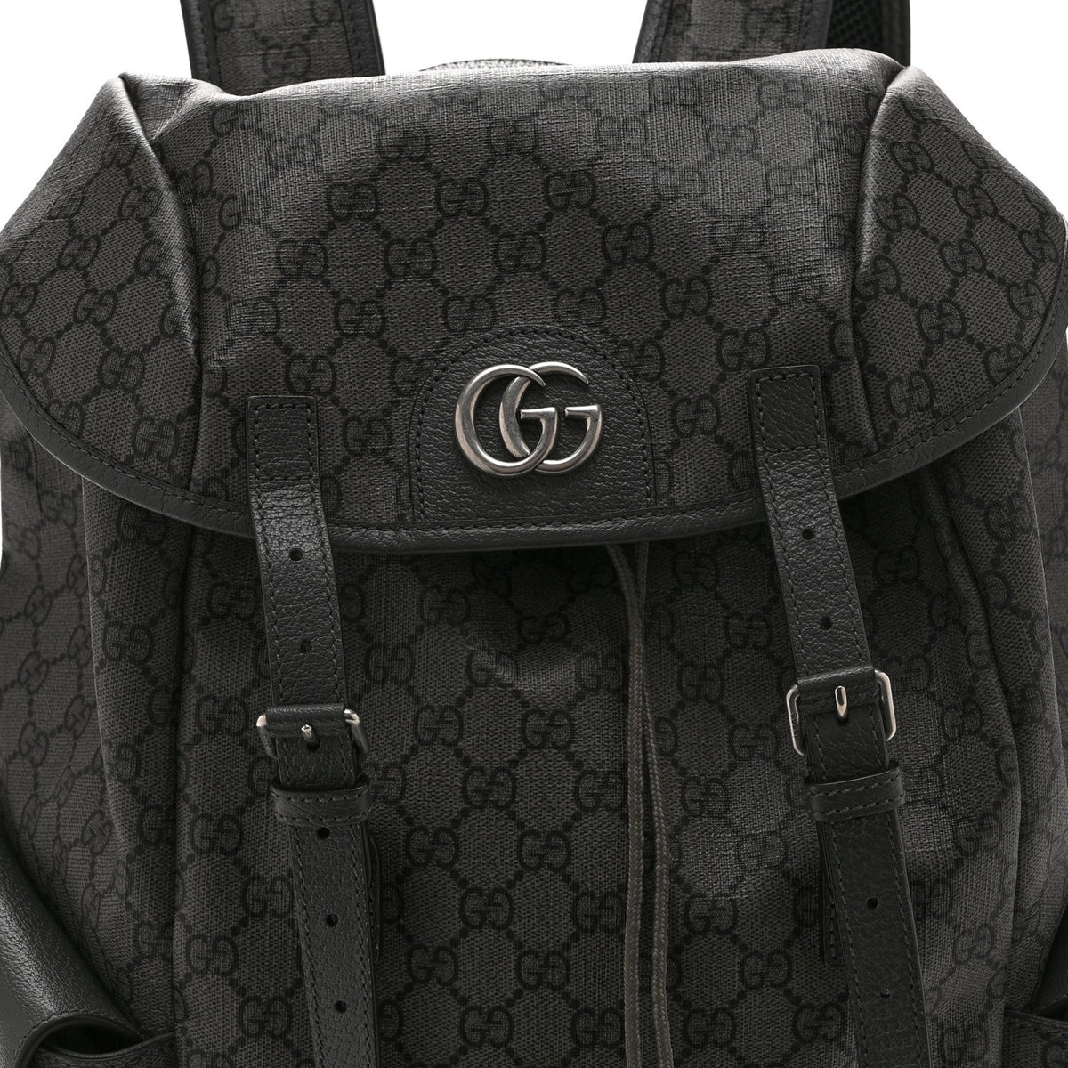GG Supreme Monogram Textured Dollar Calfskin Medium Ophidia Double Buckle Backpack Grey Black Graphite Grey