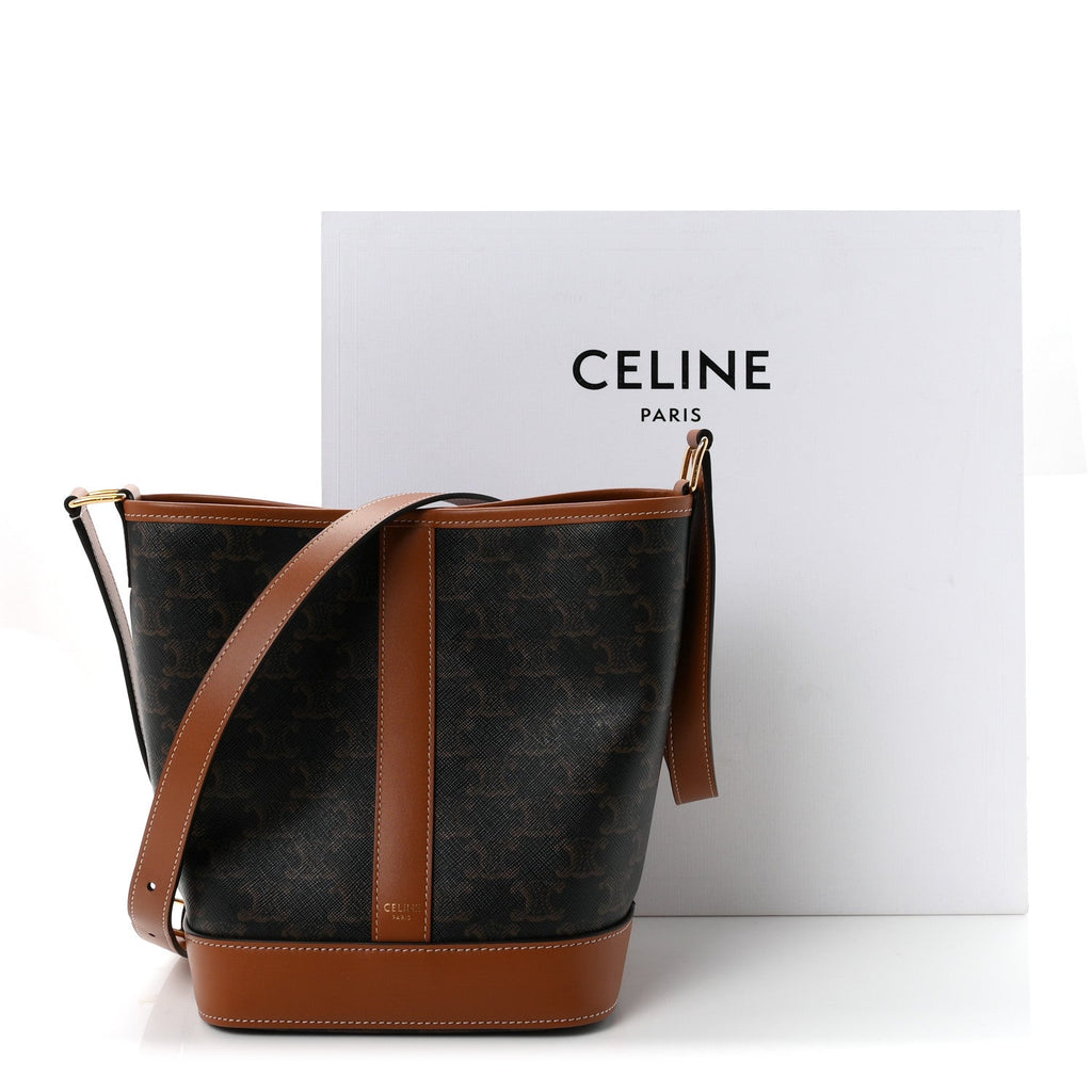 Triomphe Canvas Calfskin Small Bucket Bag Tan