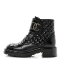Shiny Calfskin Quilted Lace Up Combat Boots 40.5 Black