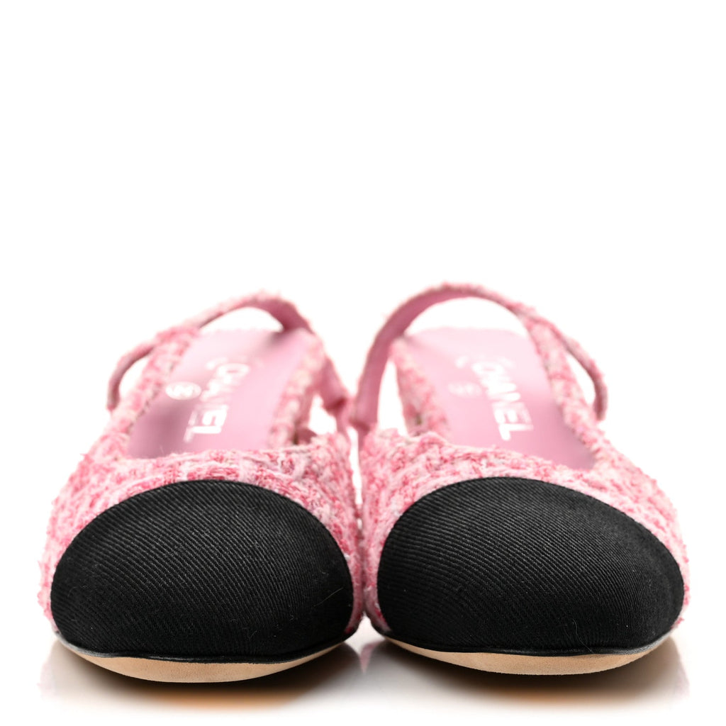 Tweed Grosgrain Cap Toe CC Slingback Pumps 40 Pink Black