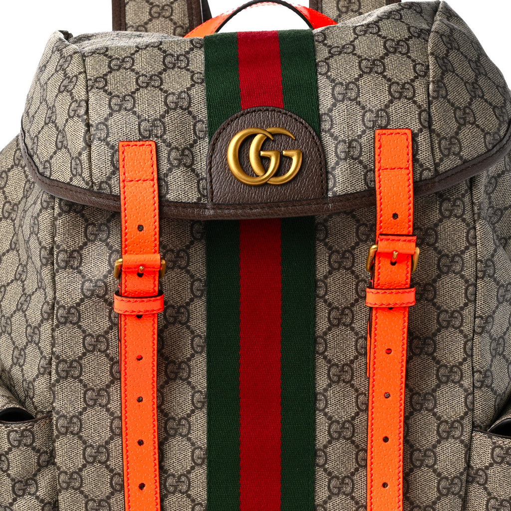 GG Supreme Monogram Medium Ophidia Double Buckle Backpack Beige Ebony Neon Orange