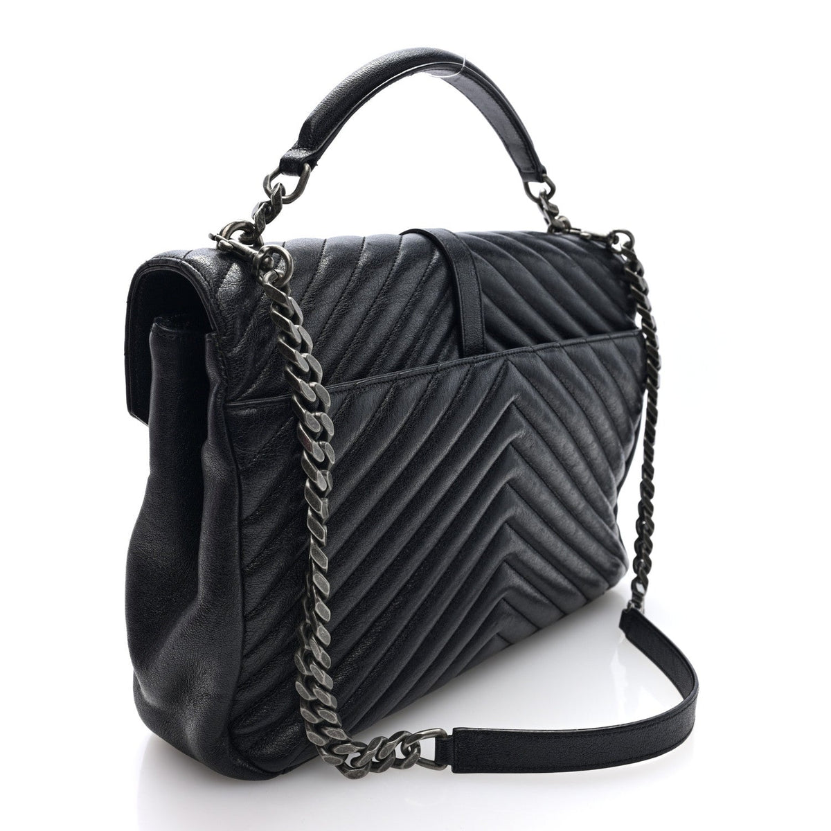 Sheepskin Matelasse Chevron Monogram Large College Satchel Black Tulip