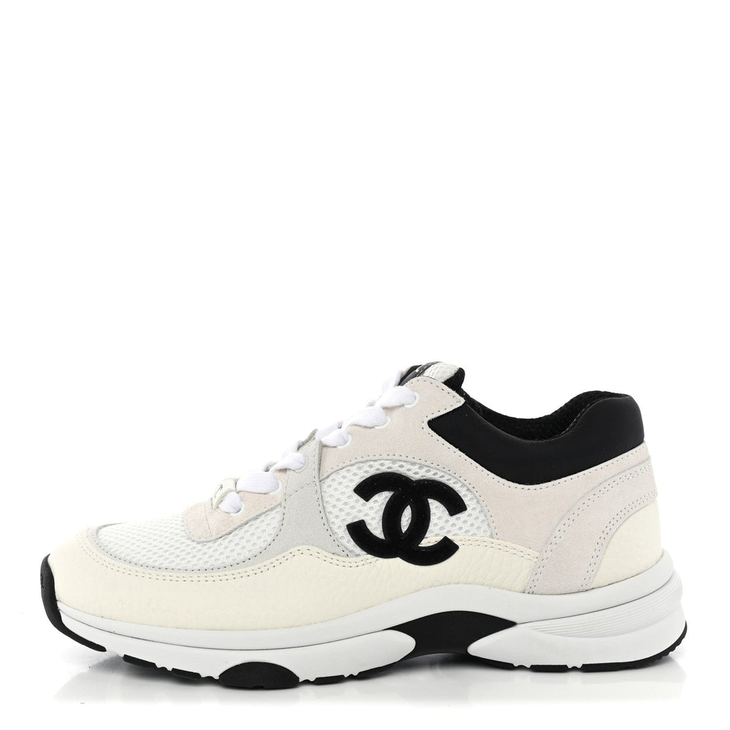 Mesh Suede Grained Calfskin Womens CC Sneakers 39.5 White Black