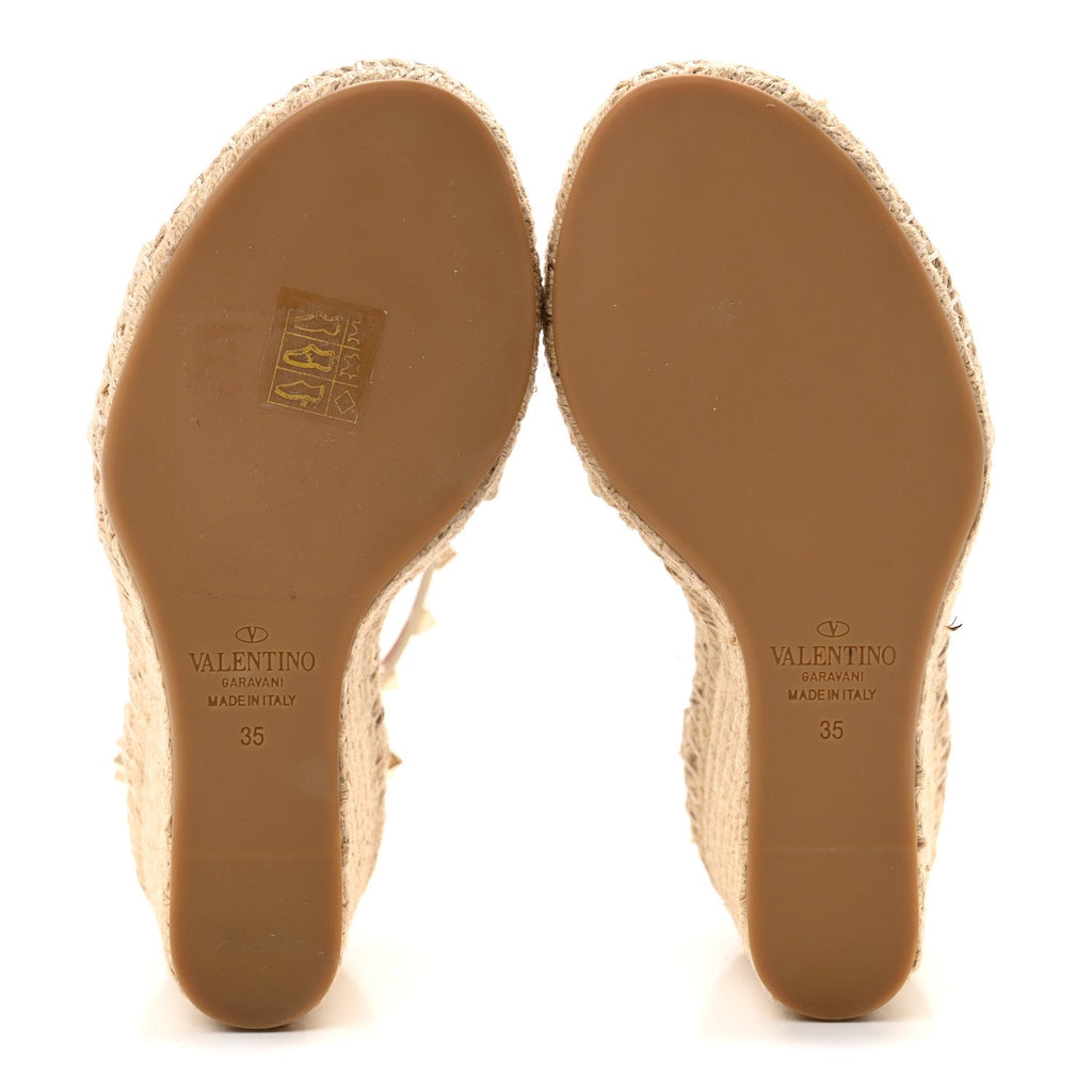 Grained Calfskin Rockstud Ankle Strap Espadrille 15/105mm Wedge Sandals 35 Light Ivory Natural