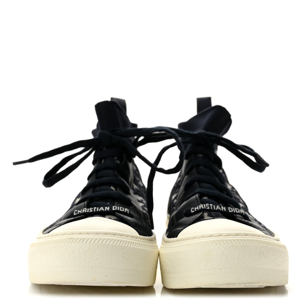 Technical Knit Calfskin Oblique Womens Walk'n Dior Mid Top Sneakers 36.5 Deep Blue